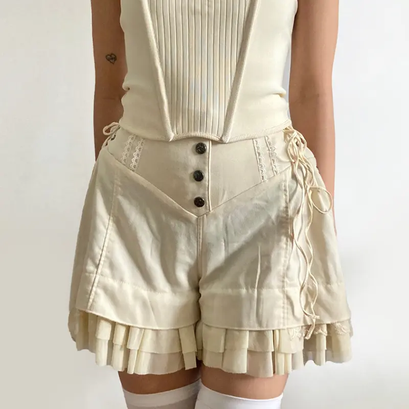 IAMHOTTY Sweet Mesh Tiered Ruffle Shorts Skirts Khaki Wide Form Side Bandage Cute Hot Pants Lolita Style Soft Girls Shorts Y2K