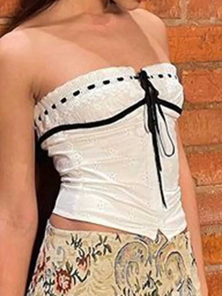 Rockmore 2023 Streetwear Strapless Tank Top Women Lace-up Corset Tube Tops Y2K Sexy Backless Cropped Camisole Korean Mini Vests