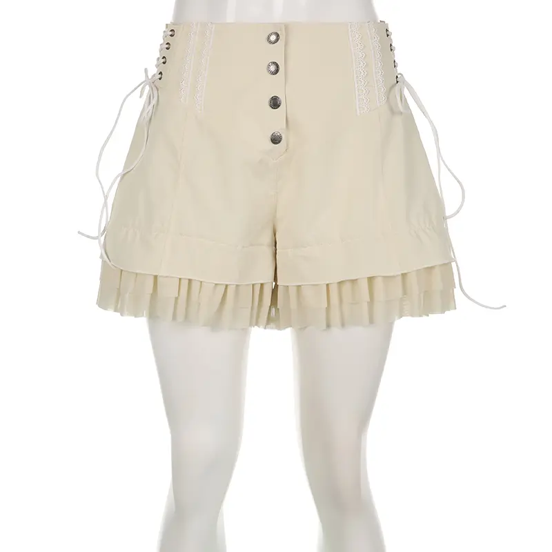 IAMHOTTY Sweet Mesh Tiered Ruffle Shorts Skirts Khaki Wide Form Side Bandage Cute Hot Pants Lolita Style Soft Girls Shorts Y2K