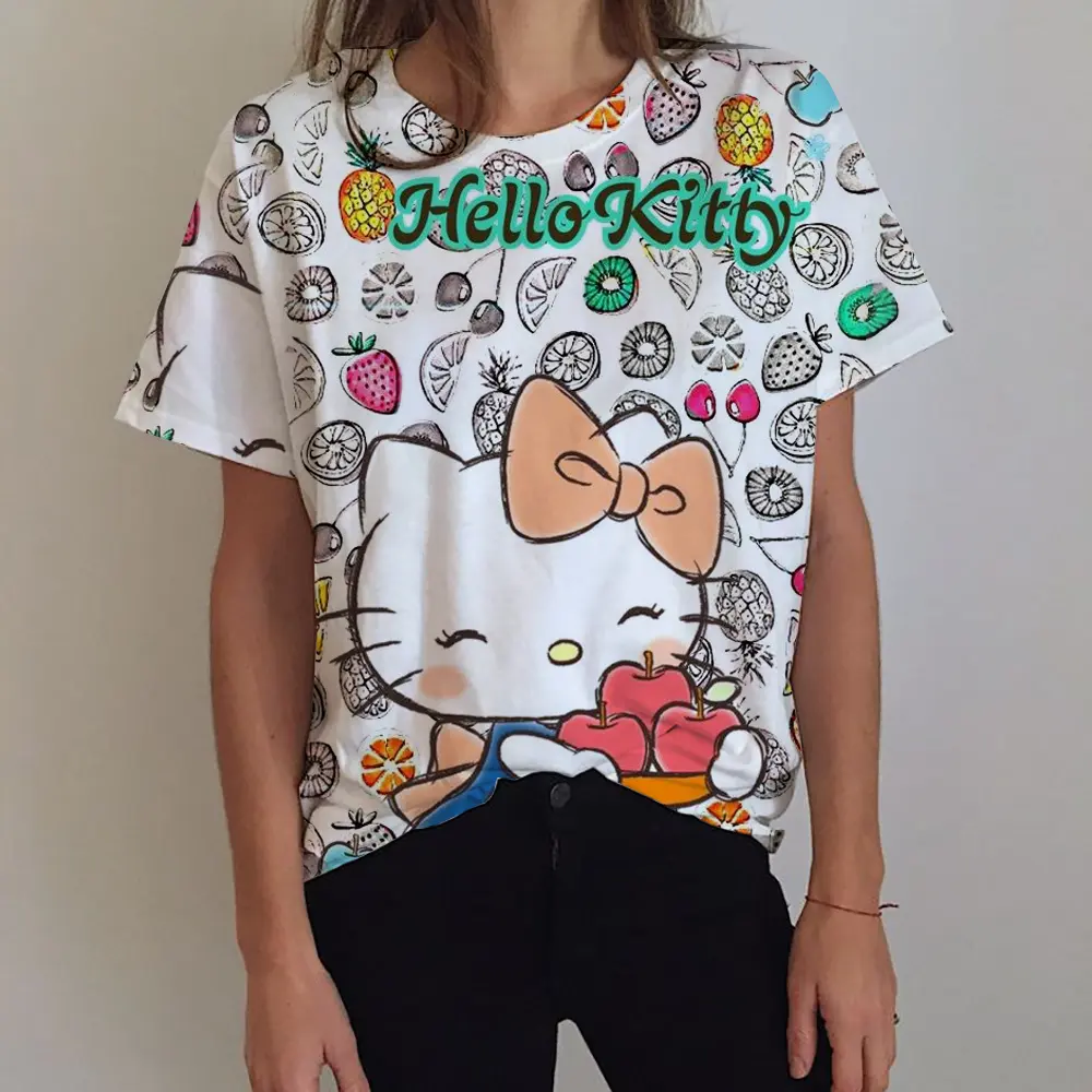 2025 Girl Women's T-shirt Casual Kawaii Hello Kitty Cartoon Pattern Print Tshirt Comfortable Casual Women's Clothing Top