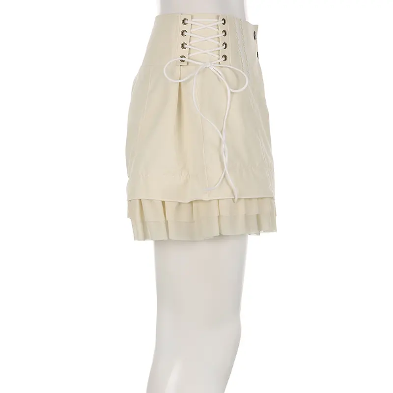 IAMHOTTY Sweet Mesh Tiered Ruffle Shorts Skirts Khaki Wide Form Side Bandage Cute Hot Pants Lolita Style Soft Girls Shorts Y2K