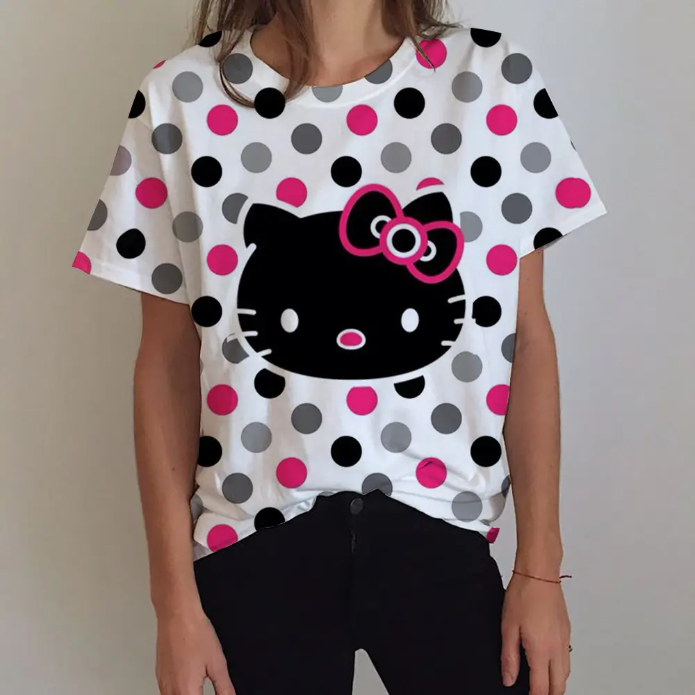 2025 Girl Women's T-shirt Casual Kawaii Hello Kitty Cartoon Pattern Print Tshirt Comfortable Casual Women's Clothing Top