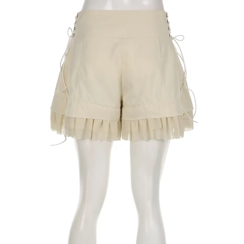 IAMHOTTY Sweet Mesh Tiered Ruffle Shorts Skirts Khaki Wide Form Side Bandage Cute Hot Pants Lolita Style Soft Girls Shorts Y2K