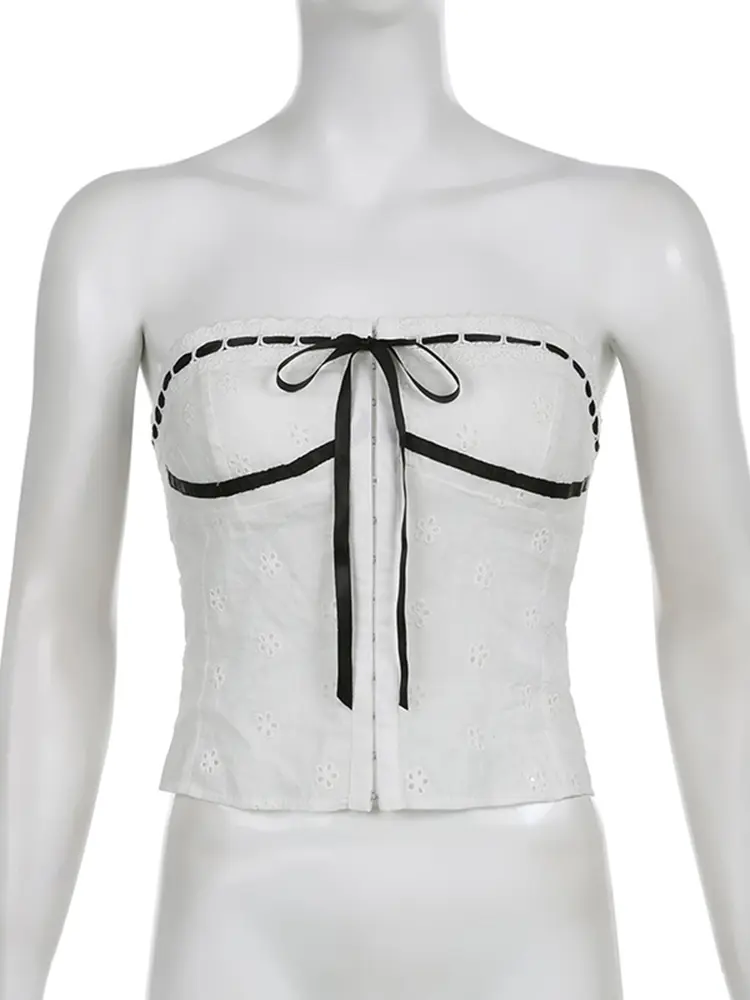 Rockmore 2023 Streetwear Strapless Tank Top Women Lace-up Corset Tube Tops Y2K Sexy Backless Cropped Camisole Korean Mini Vests