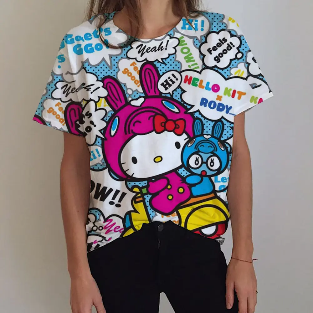 2025 Girl Women's T-shirt Casual Kawaii Hello Kitty Cartoon Pattern Print Tshirt Comfortable Casual Women's Clothing Top