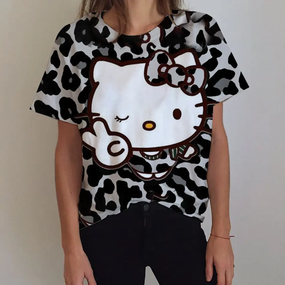 2025 Girl Women's T-shirt Casual Kawaii Hello Kitty Cartoon Pattern Print Tshirt Comfortable Casual Women's Clothing Top