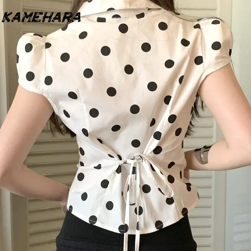 KAMEHARA Japanese Girl Polka Dot Shirt Women Fashion Casual Waisted Tie Short Sleeve Shirt Y2k Punk Spice Girls Shirts 민소매 티 여성