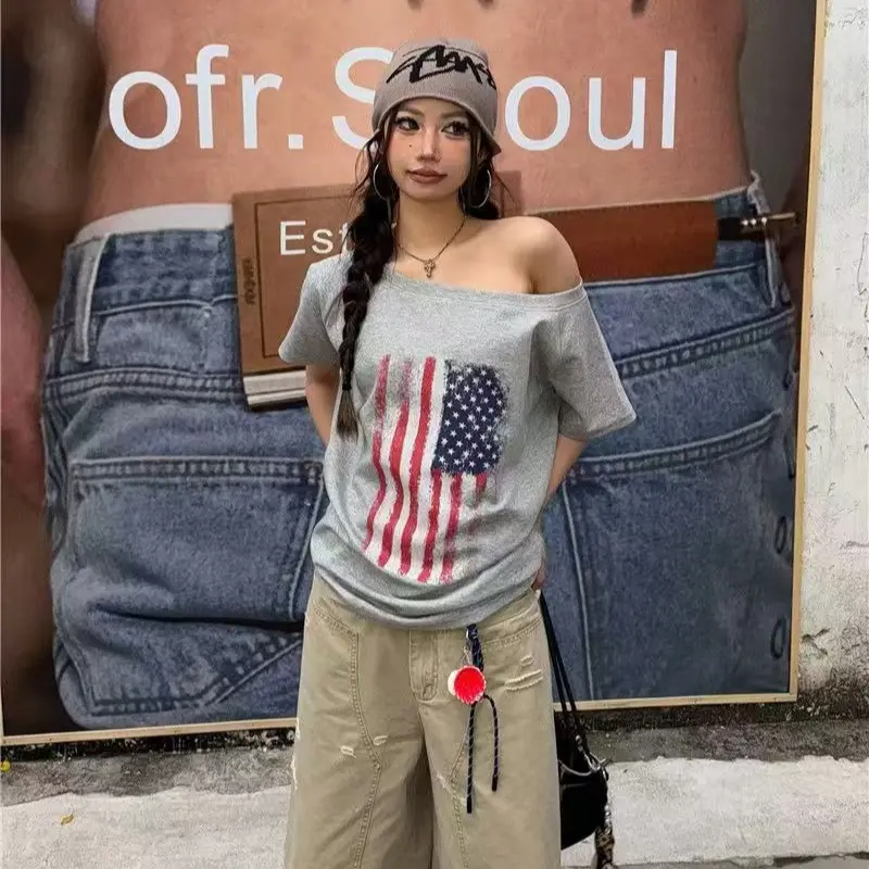 American Retro Subculture Loose T-shirts Summer Harajuku Street Hottie Flag Print Tees Women's Casual All Match Hip Hop Tops
