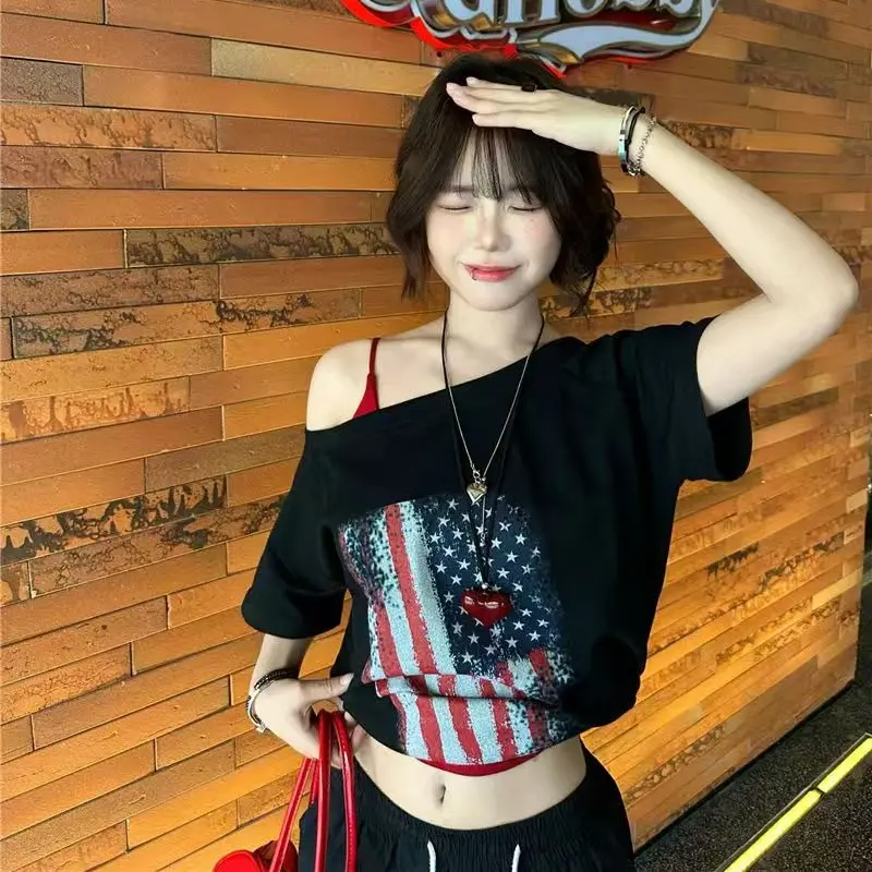 American Retro Subculture Loose T-shirts Summer Harajuku Street Hottie Flag Print Tees Women's Casual All Match Hip Hop Tops