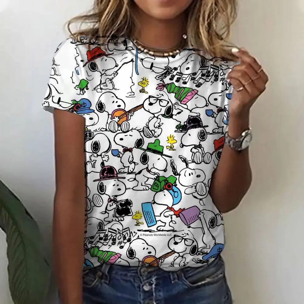 2025 plus size women's cartoon patterned Snoopy printed T-shirt, 90s girl style casual fashion aesthetic printed women's top