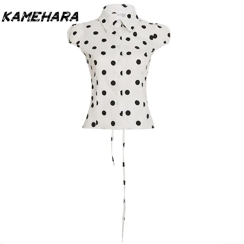 KAMEHARA Japanese Girl Polka Dot Shirt Women Fashion Casual Waisted Tie Short Sleeve Shirt Y2k Punk Spice Girls Shirts 민소매 티 여성