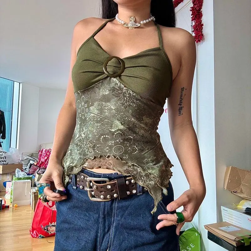 Retro Flora Printed Edible Tree Fungus Design Camisole Vest for Women Personalized Slim Fit Hanging Neck Spicy Girl Backless Top