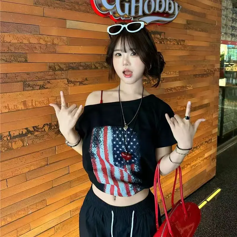 American Retro Subculture Loose T-shirts Summer Harajuku Street Hottie Flag Print Tees Women's Casual All Match Hip Hop Tops