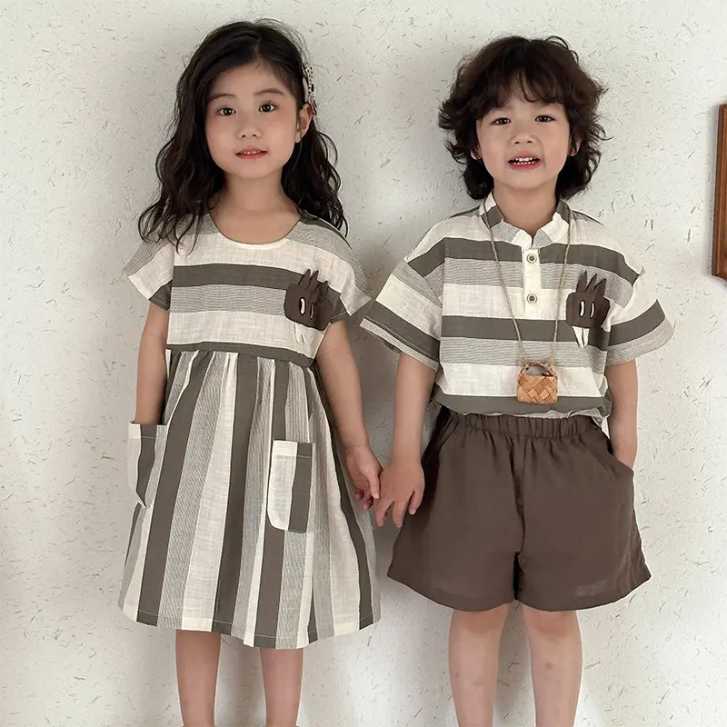 Children's New Summer Boys Girl Matching Sets Stripe Casual Dress/Loose Shirts Shorts Sister Brother Outwear Outfits H0300