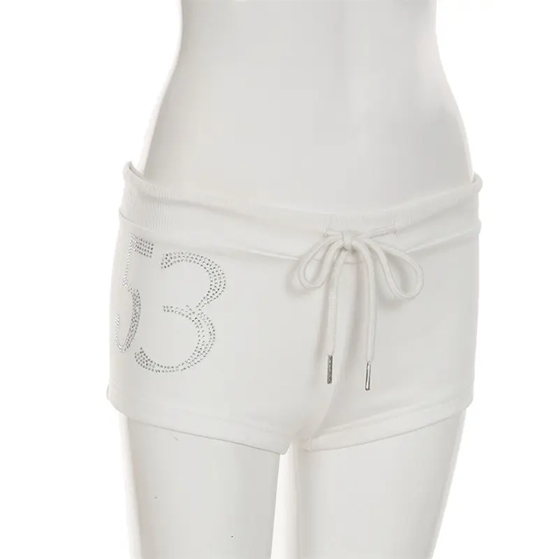Women Hot Shorts Casual Summer Rhinestone Number Print Drawstring Short Pants for Vacation Beach Club Y2K Streetwear
