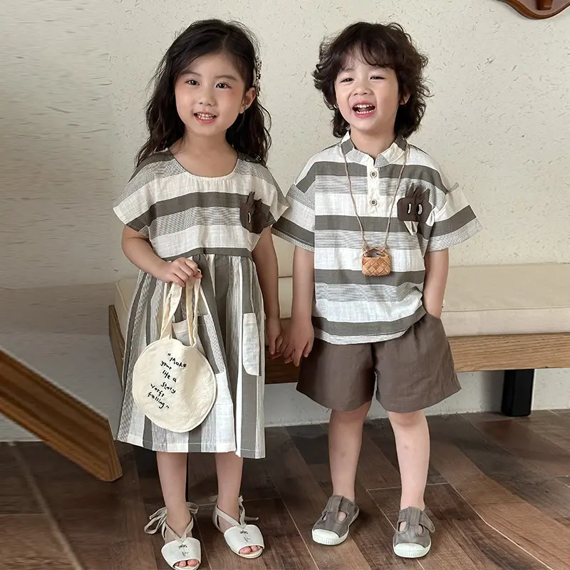 Children's New Summer Boys Girl Matching Sets Stripe Casual Dress/Loose Shirts Shorts Sister Brother Outwear Outfits H0300