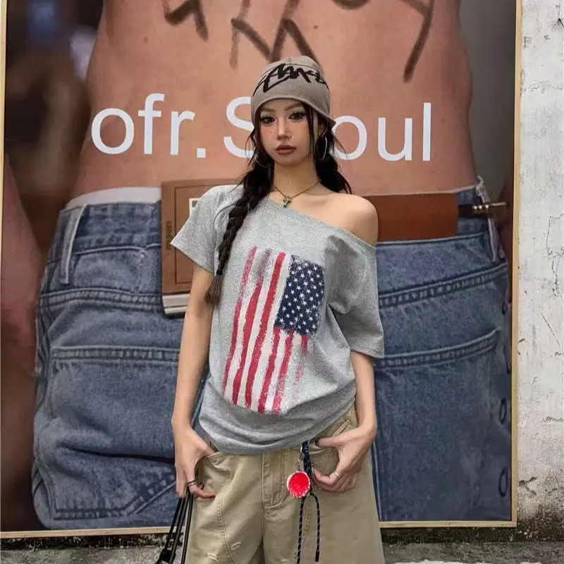 American Retro Subculture Loose T-shirts Summer Harajuku Street Hottie Flag Print Tees Women's Casual All Match Hip Hop Tops