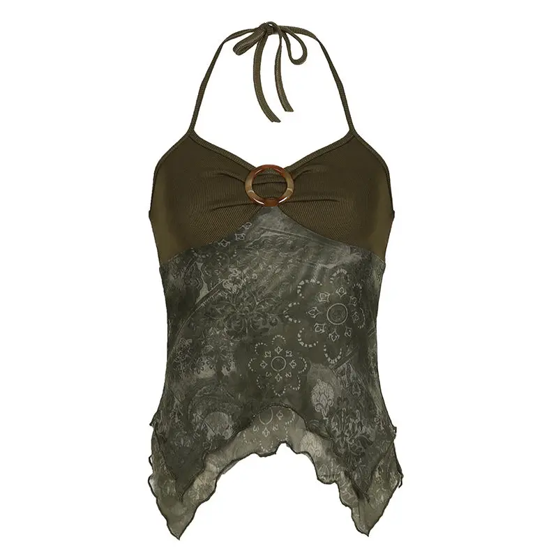 Retro Flora Printed Edible Tree Fungus Design Camisole Vest for Women Personalized Slim Fit Hanging Neck Spicy Girl Backless Top