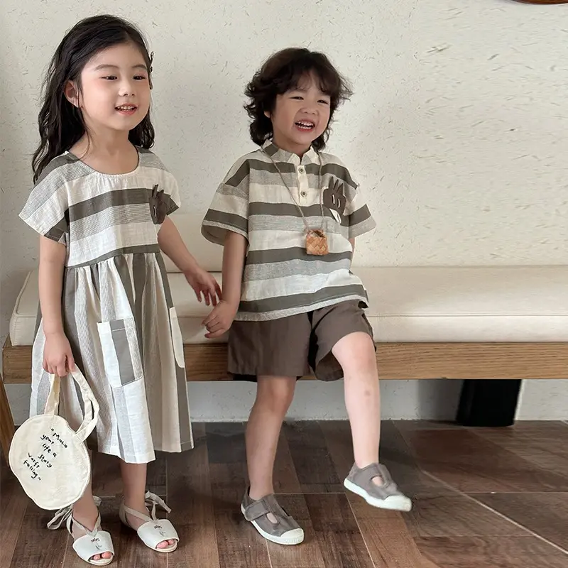 Children's New Summer Boys Girl Matching Sets Stripe Casual Dress/Loose Shirts Shorts Sister Brother Outwear Outfits H0300