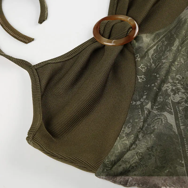 Retro Flora Printed Edible Tree Fungus Design Camisole Vest for Women Personalized Slim Fit Hanging Neck Spicy Girl Backless Top