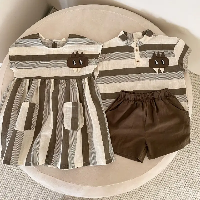 Children's New Summer Boys Girl Matching Sets Stripe Casual Dress/Loose Shirts Shorts Sister Brother Outwear Outfits H0300
