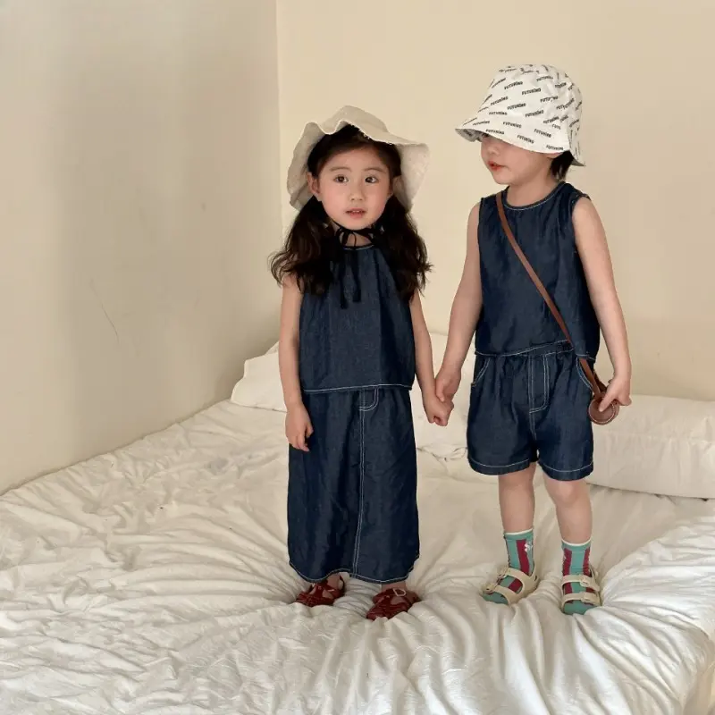 Brother Sister Matching Outfits Summer Boy Cowboy Sleeveless Sets/Casual Denim Girl Vest Skirt Siblings Loose Clothing H85226
