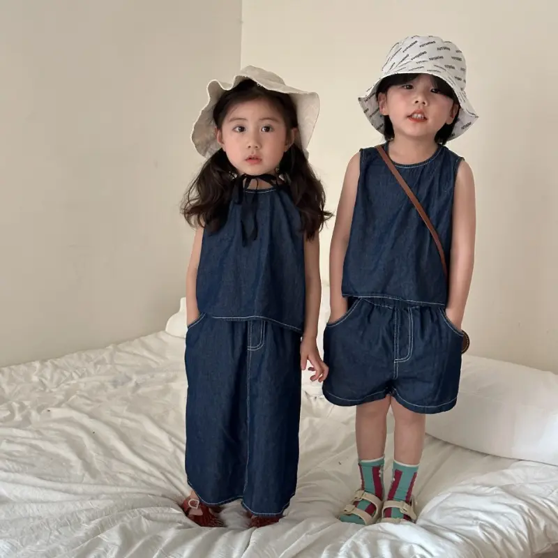 Brother Sister Matching Outfits Summer Boy Cowboy Sleeveless Sets/Casual Denim Girl Vest Skirt Siblings Loose Clothing H85226