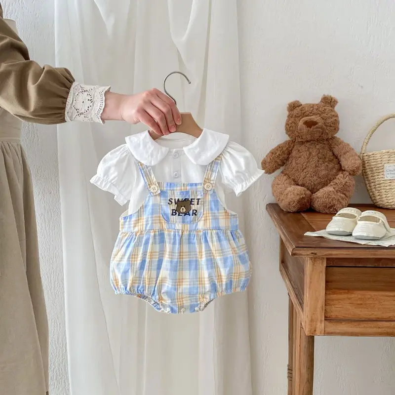 New Summer Baby Girl Boy Matching Outfits Short Sleeved Little Bear Plaid Bodysuit/Doll Collar Shirts for Brother Sister B3024