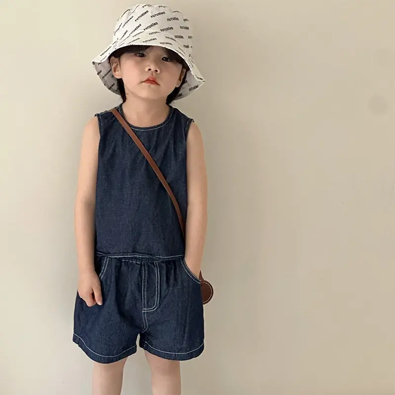 Brother Sister Matching Outfits Summer Boy Cowboy Sleeveless Sets/Casual Denim Girl Vest Skirt Siblings Loose Clothing H85226