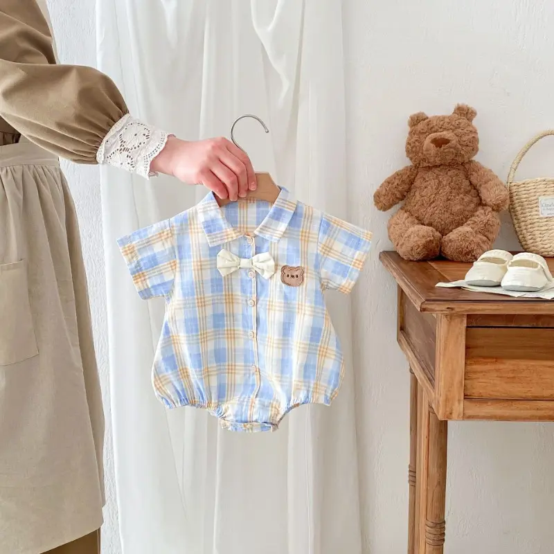 New Summer Baby Girl Boy Matching Outfits Short Sleeved Little Bear Plaid Bodysuit/Doll Collar Shirts for Brother Sister B3024