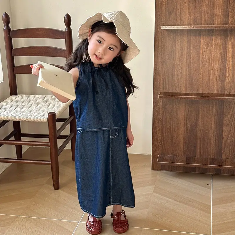Brother Sister Matching Outfits Summer Boy Cowboy Sleeveless Sets/Casual Denim Girl Vest Skirt Siblings Loose Clothing H85226