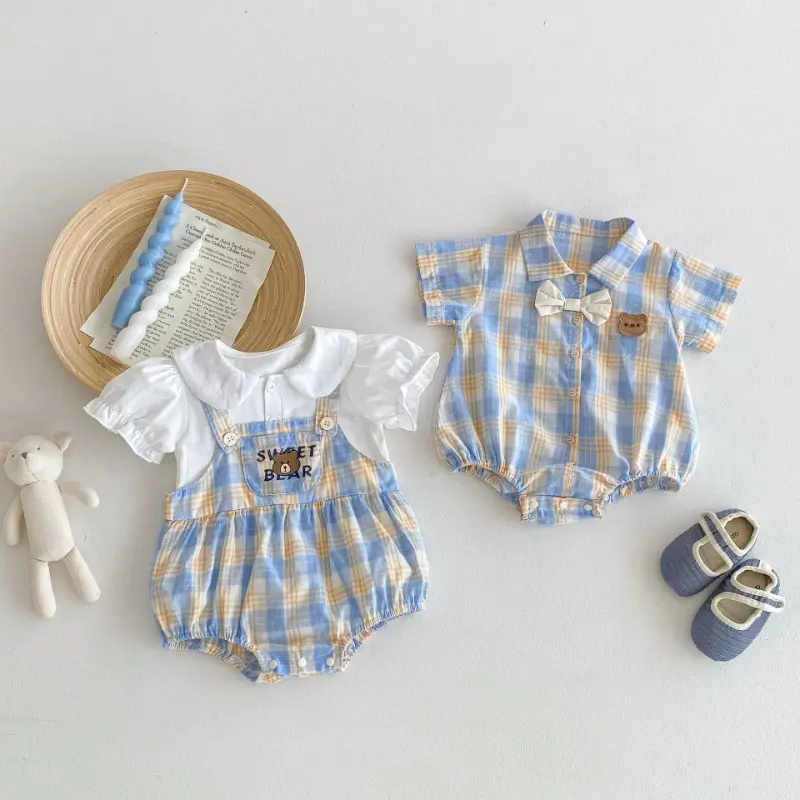 New Summer Baby Girl Boy Matching Outfits Short Sleeved Little Bear Plaid Bodysuit/Doll Collar Shirts for Brother Sister B3024