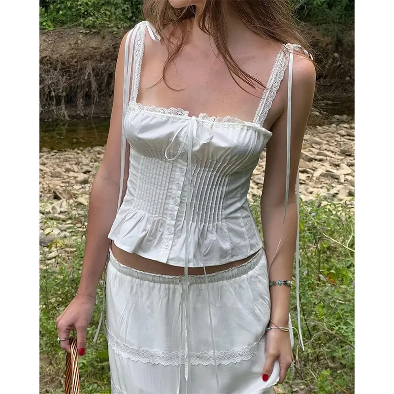 YENKYE Sweet Lace Trim White Slim Camis Sexy Women Cotton Tank Top Summer Bow Front Button Crop Top