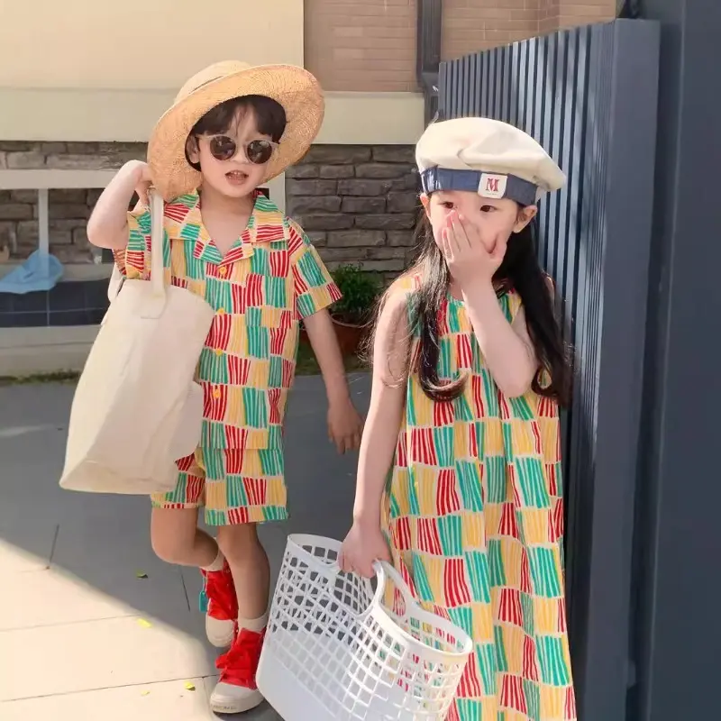 Summer Sibling Sets Korean Style Brother Sister Outfits Color Block Stripe Shorts+Shirt/ Vest Dress Family Vacation Wear X2357