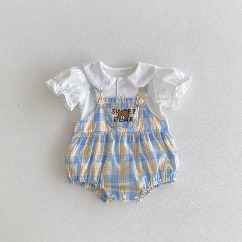 New Summer Baby Girl Boy Matching Outfits Short Sleeved Little Bear Plaid Bodysuit/Doll Collar Shirts for Brother Sister B3024