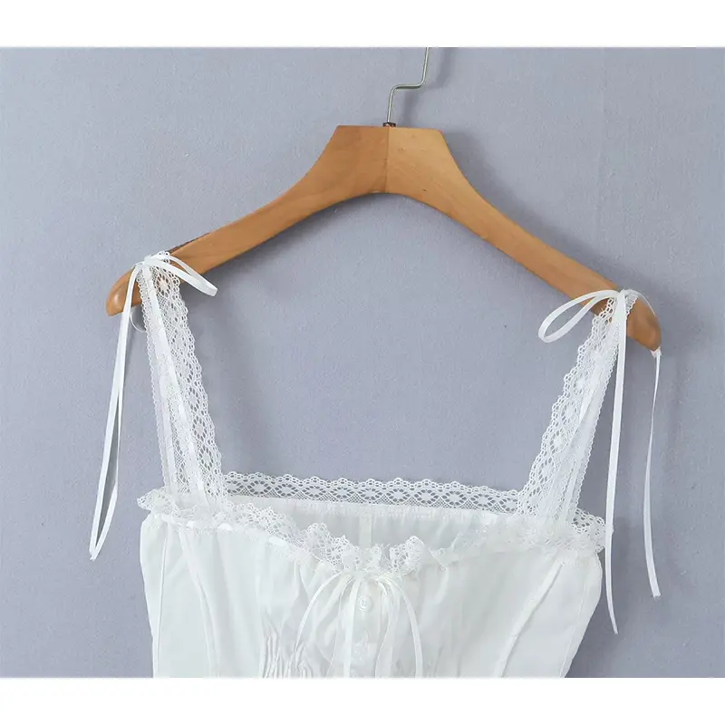 YENKYE Sweet Lace Trim White Slim Camis Sexy Women Cotton Tank Top Summer Bow Front Button Crop Top