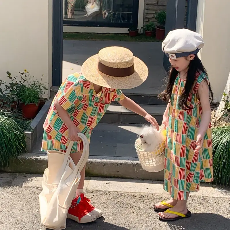 Summer Sibling Sets Korean Style Brother Sister Outfits Color Block Stripe Shorts+Shirt/ Vest Dress Family Vacation Wear X2357
