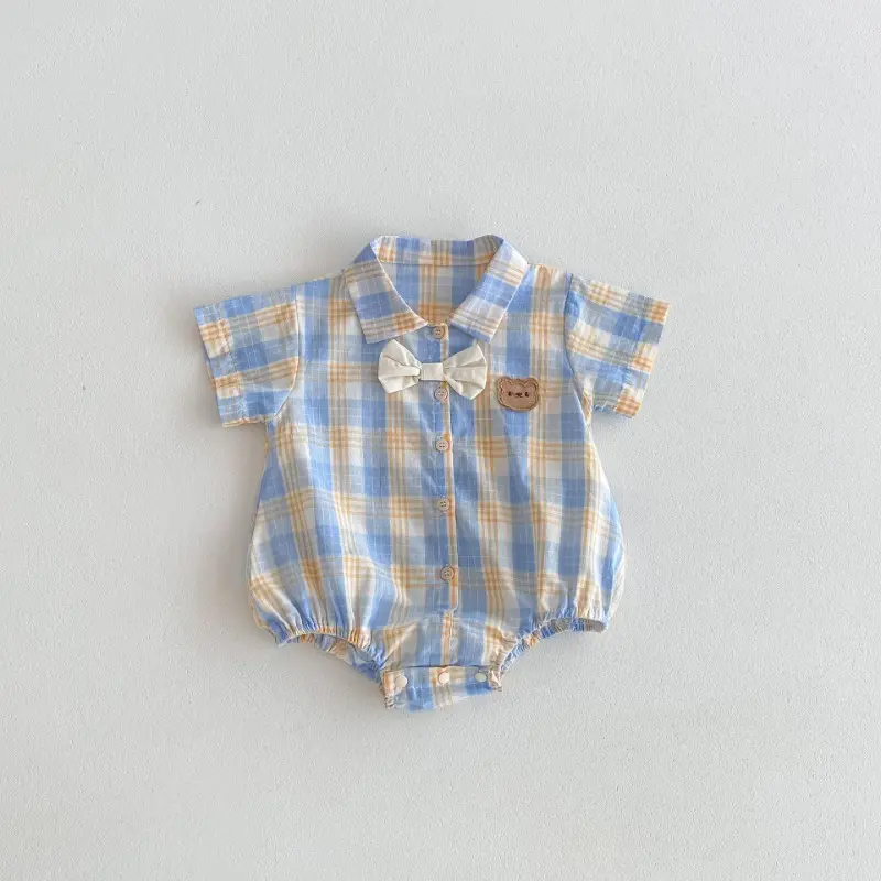 New Summer Baby Girl Boy Matching Outfits Short Sleeved Little Bear Plaid Bodysuit/Doll Collar Shirts for Brother Sister B3024