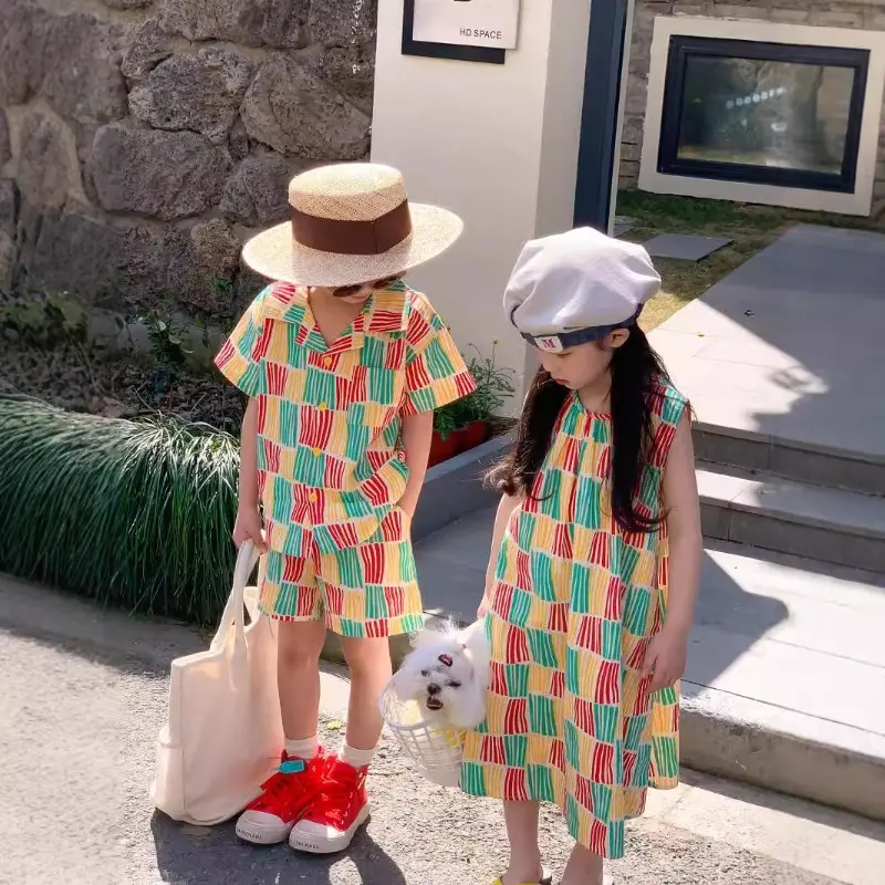 Summer Sibling Sets Korean Style Brother Sister Outfits Color Block Stripe Shorts+Shirt/ Vest Dress Family Vacation Wear X2357