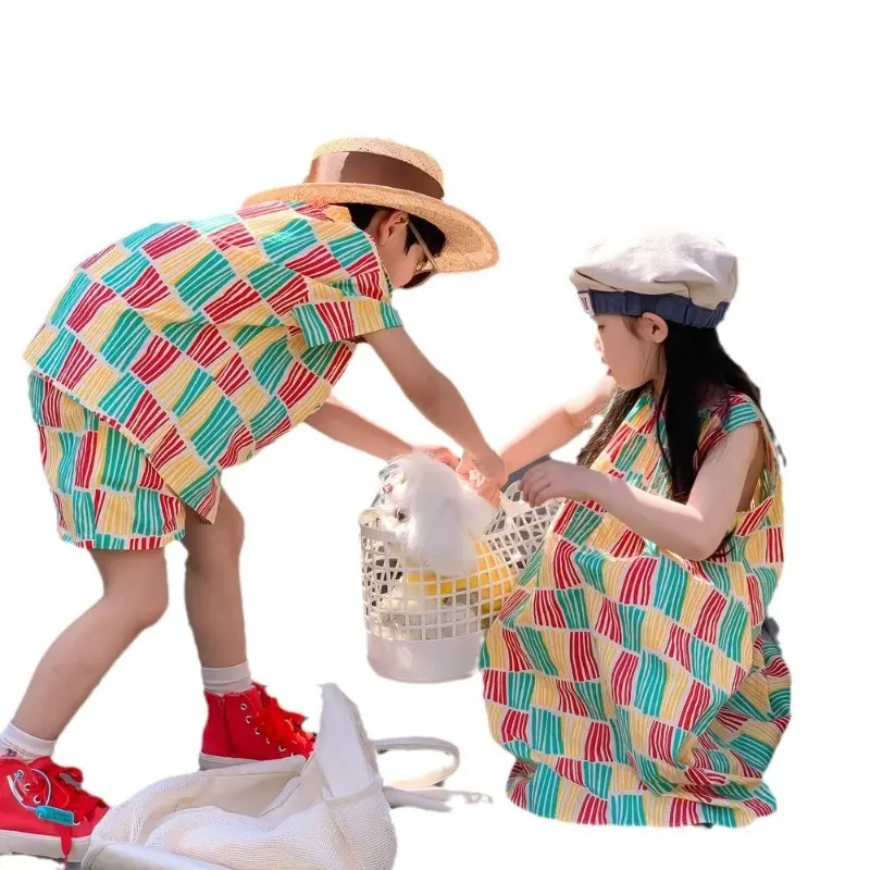 Summer Sibling Sets Korean Style Brother Sister Outfits Color Block Stripe Shorts+Shirt/ Vest Dress Family Vacation Wear X2357