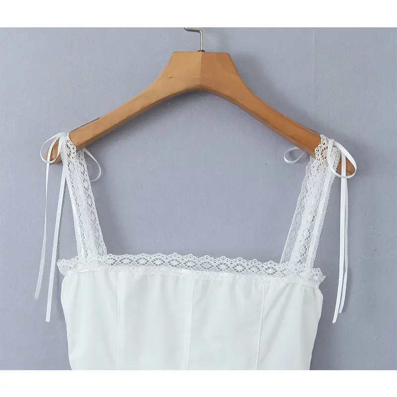YENKYE Sweet Lace Trim White Slim Camis Sexy Women Cotton Tank Top Summer Bow Front Button Crop Top
