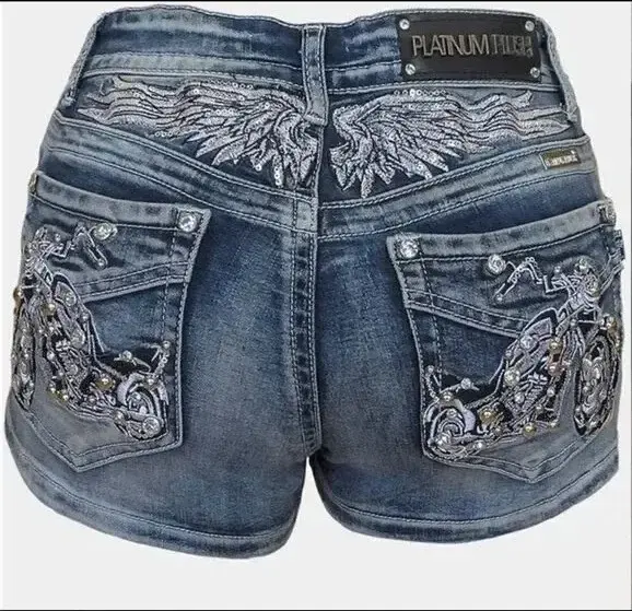 European and American Harajuku retro rivet pocket embroidered low waist shorts Shibuya sexy hottie classic denim mini shorts