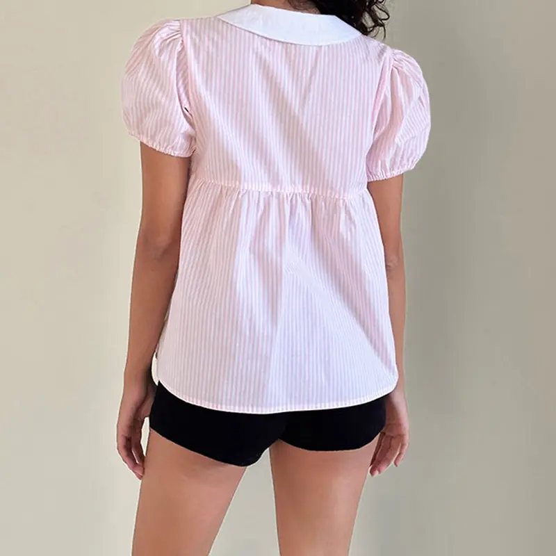 Maemukilabe Women T-shirt Cute Girl Short Sleeve Doll Collar Babydoll Blouse Cottage Summer Striped Crop Tops Y2k Streetwear