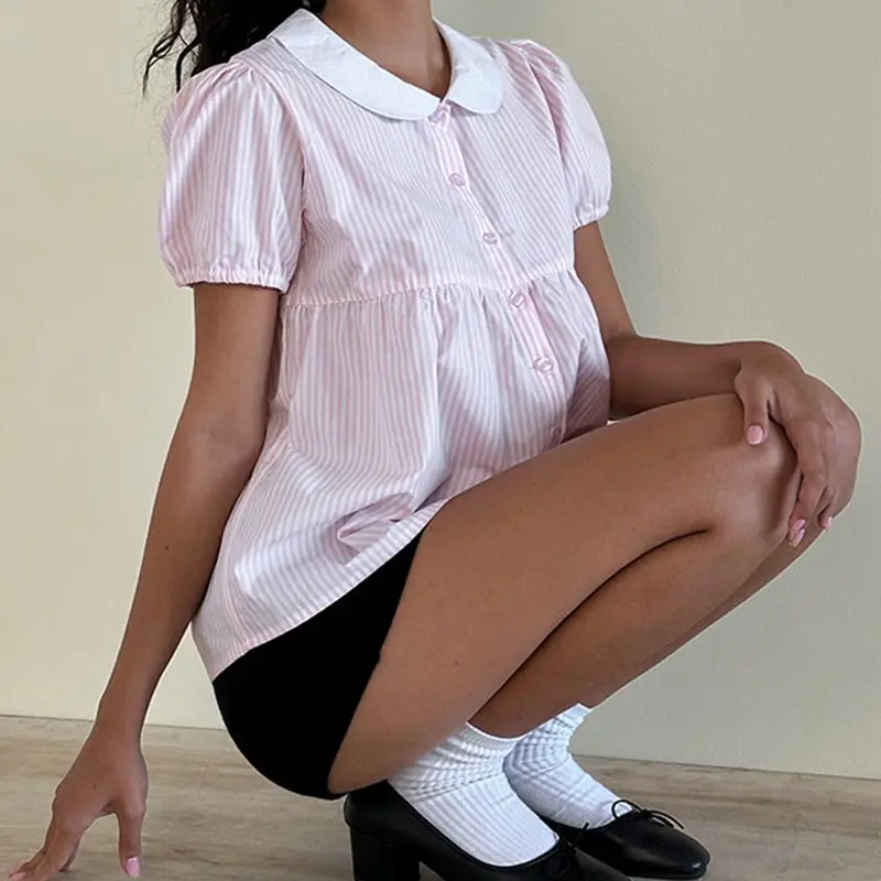 Maemukilabe Women T-shirt Cute Girl Short Sleeve Doll Collar Babydoll Blouse Cottage Summer Striped Crop Tops Y2k Streetwear