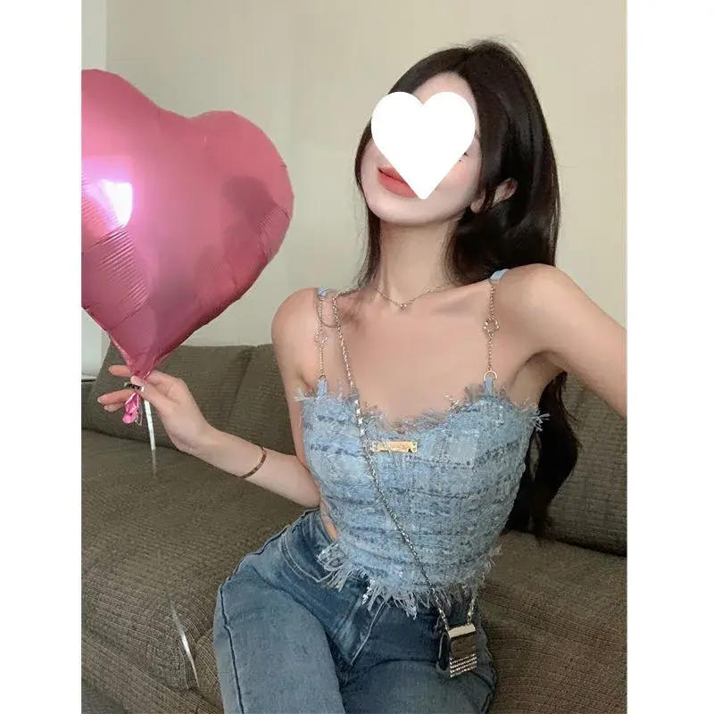 Bluefringedtank Small Vest Women's Summer Sweet Spicy Girl Outerwear Design Sensibility Pure Will Inner Cropped Top