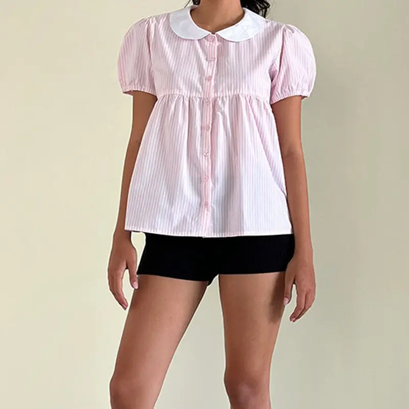 Maemukilabe Women T-shirt Cute Girl Short Sleeve Doll Collar Babydoll Blouse Cottage Summer Striped Crop Tops Y2k Streetwear