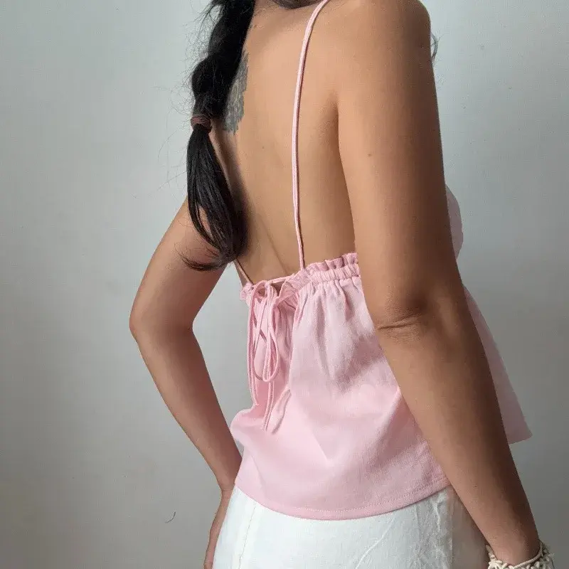 Hot Summer Camisole Crop Tops Outfits Sweet Y2K Sexy Backless Pink V Neck Tie Front Tops Vest Underwear Clothes