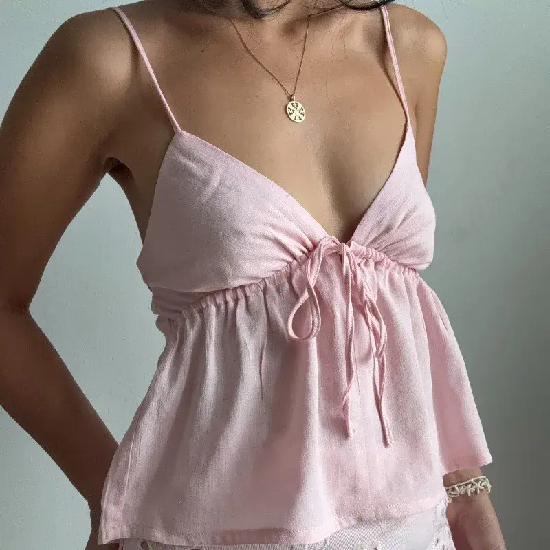 Hot Summer Camisole Crop Tops Outfits Sweet Y2K Sexy Backless Pink V Neck Tie Front Tops Vest Underwear Clothes