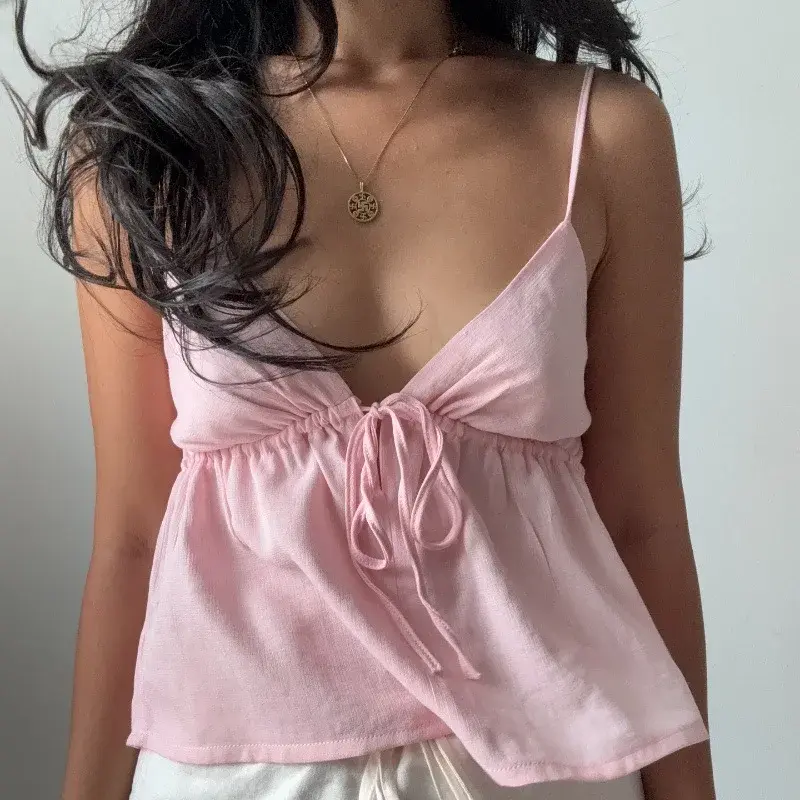Hot Summer Camisole Crop Tops Outfits Sweet Y2K Sexy Backless Pink V Neck Tie Front Tops Vest Underwear Clothes