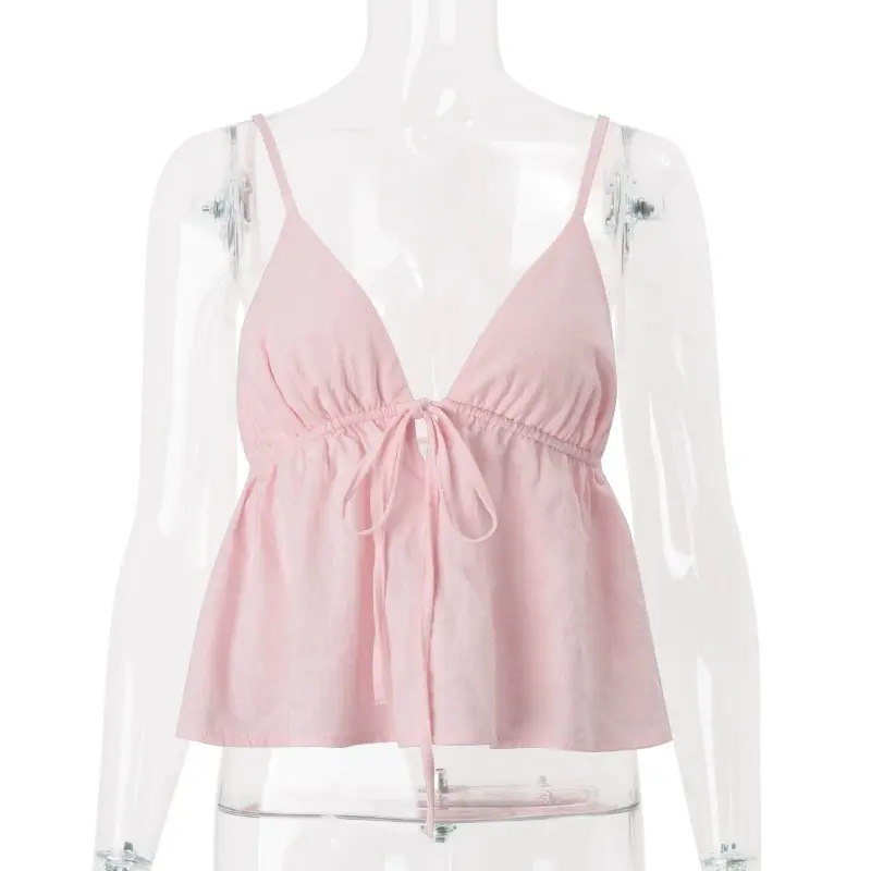 Hot Summer Camisole Crop Tops Outfits Sweet Y2K Sexy Backless Pink V Neck Tie Front Tops Vest Underwear Clothes
